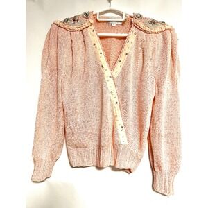 Vintage 80s Beaded Embellished Wrap Sweater Peach Pink Pearl Rhinestone Medium